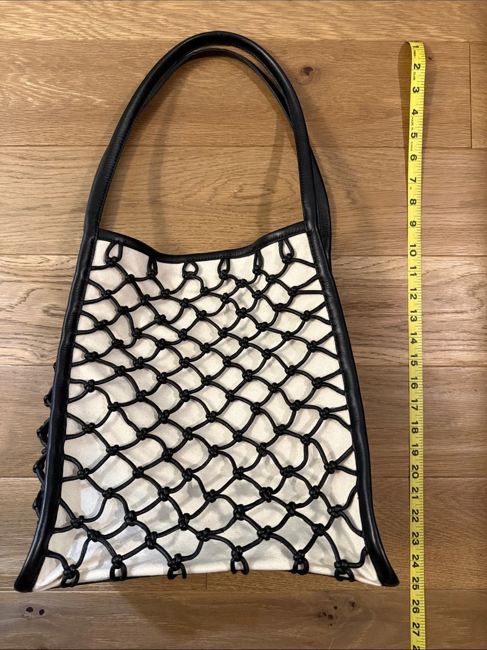 Madewell Black Knotted Leather Net Tote over Cream Canvas